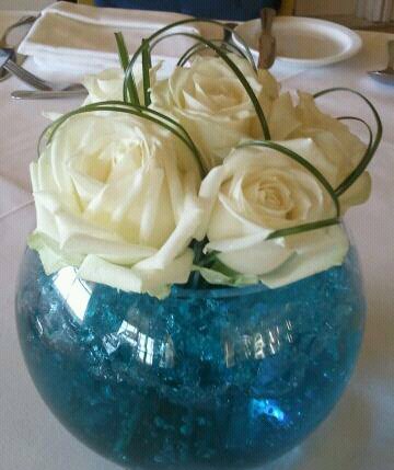 Fish bowl with white rose posy inset