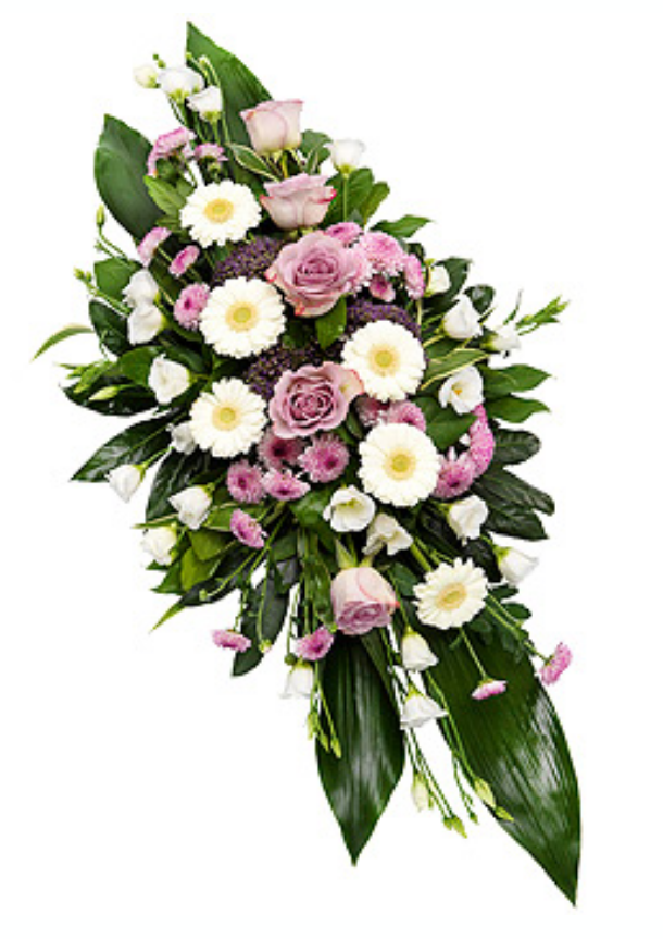 White and mauve double ended funeral spray