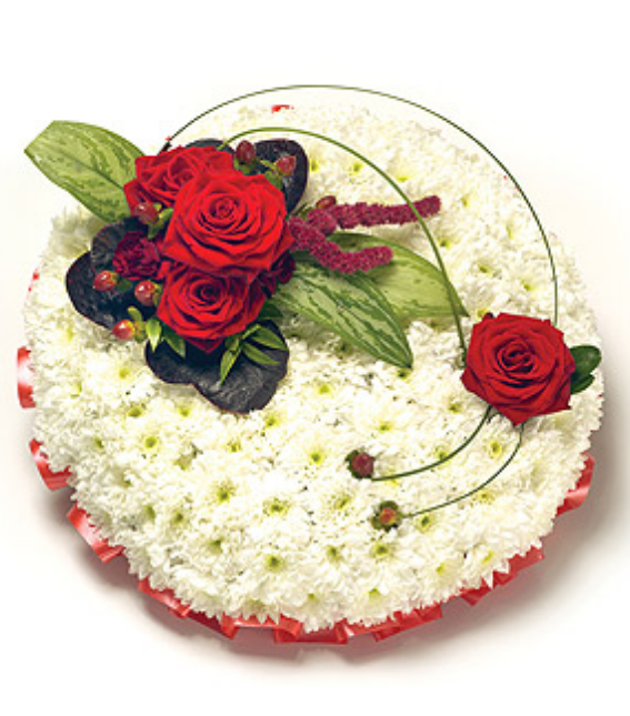 Red ribbon edged based posy pad