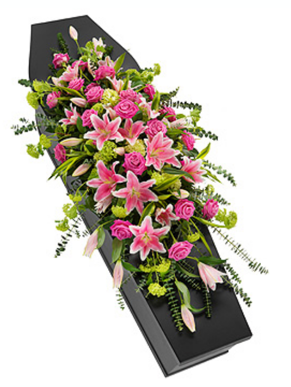 Pink rose and lily casket spray