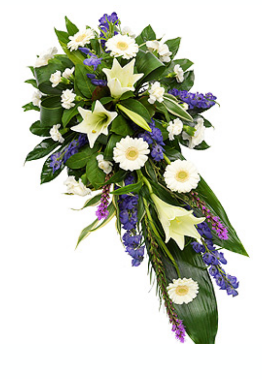 White and purple single ended funeral spray