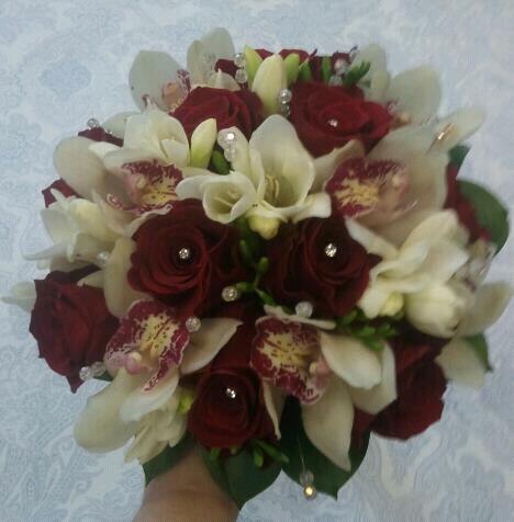 Bridal loose tied bouquet burgandy and ivory