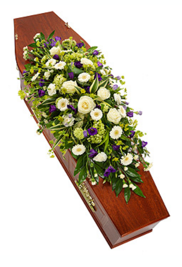 Purple and white casket spray