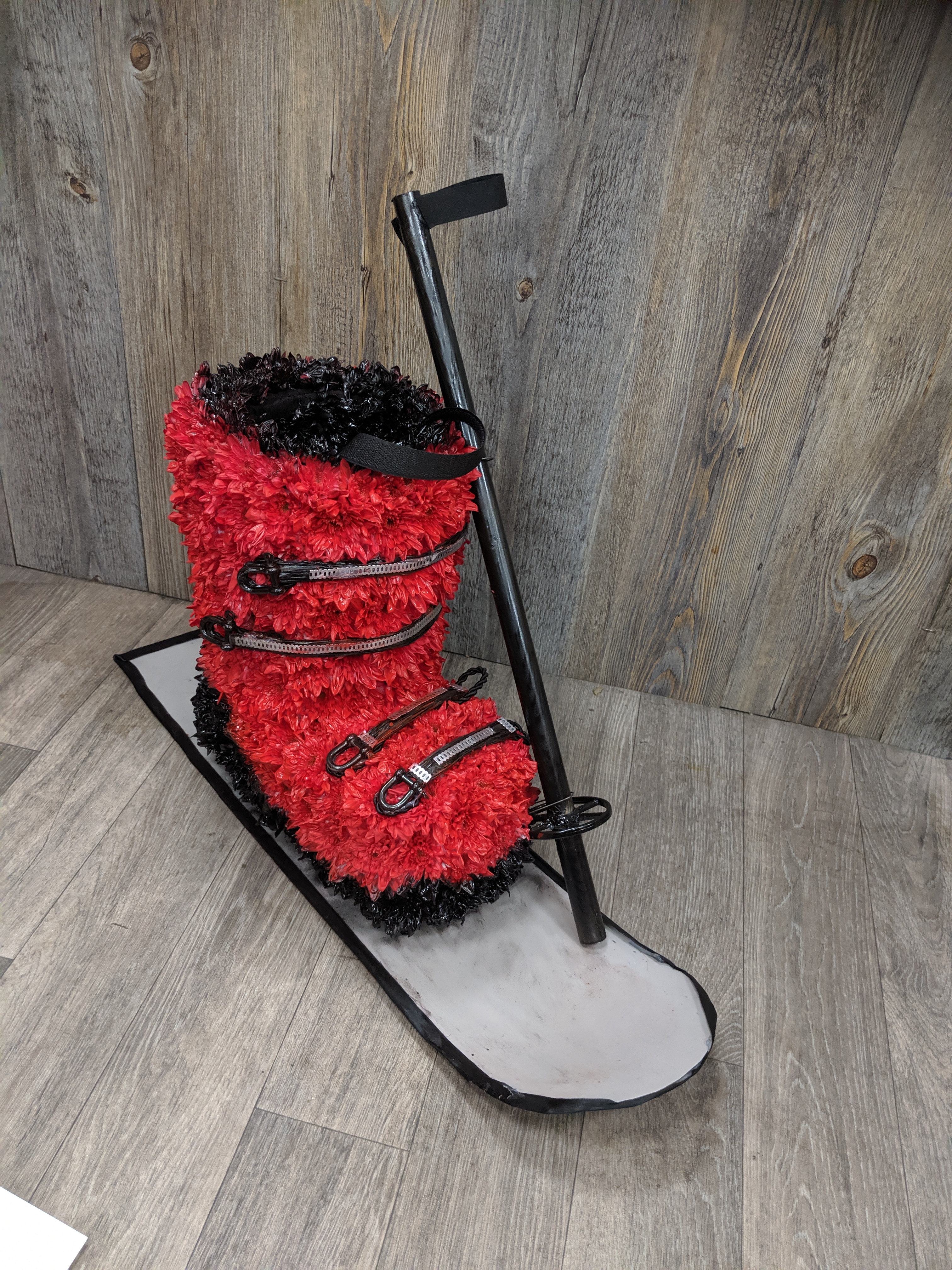 Ski boot, ski and pole